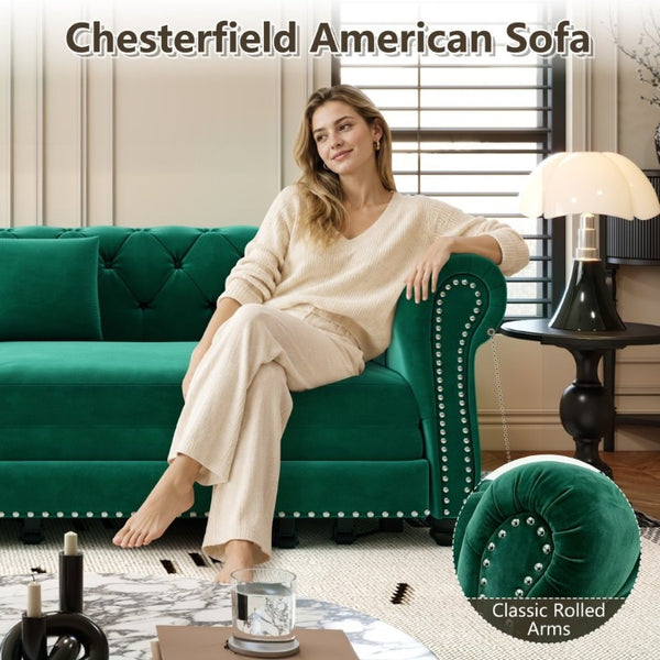 English Elm Chesterfield Velvet Sleeper Sofa with Tufted Arms and Detachable Ottoman for Living Rooms Green W1885S00544
