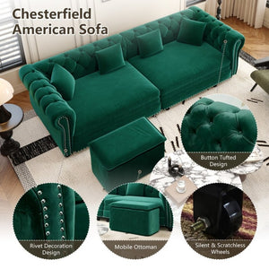 English Elm Chesterfield Velvet Sleeper Sofa with Tufted Arms and Detachable Ottoman for Living Rooms Green W1885S00544