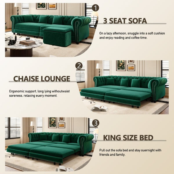 English Elm Chesterfield Velvet Sleeper Sofa with Tufted Arms and Detachable Ottoman for Living Rooms Green W1885S00544