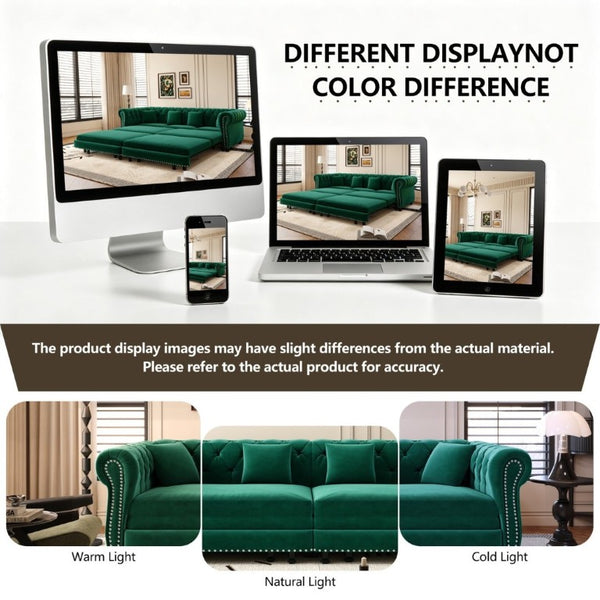English Elm Chesterfield Velvet Sleeper Sofa with Tufted Arms and Detachable Ottoman for Living Rooms Green W1885S00544