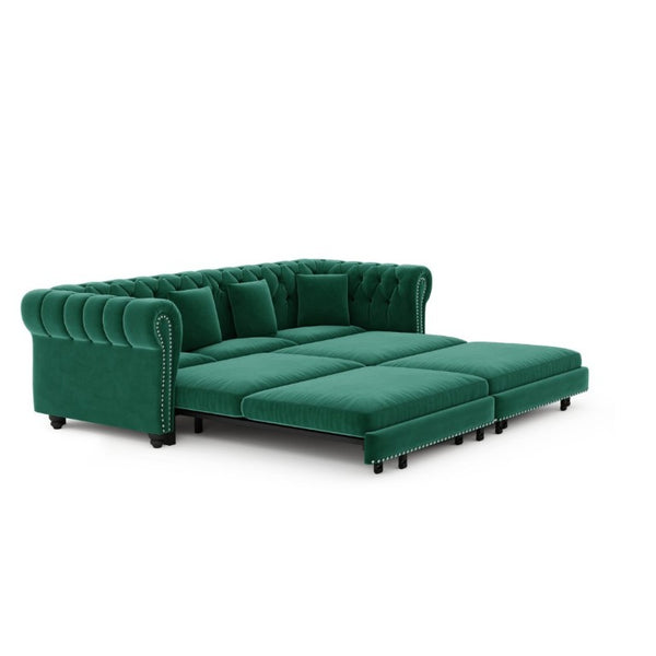 English Elm Chesterfield Velvet Sleeper Sofa with Tufted Arms and Detachable Ottoman for Living Rooms Green W1885S00544
