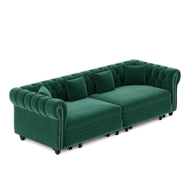 English Elm Chesterfield Velvet Sleeper Sofa with Tufted Arms and Detachable Ottoman for Living Rooms Green W1885S00544