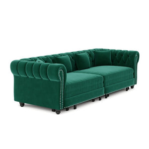 English Elm Chesterfield Velvet Sleeper Sofa with Tufted Arms and Detachable Ottoman for Living Rooms Green W1885S00544