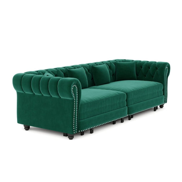 English Elm Chesterfield Velvet Sleeper Sofa with Tufted Arms and Detachable Ottoman for Living Rooms Green W1885S00544