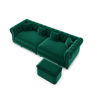 English Elm Chesterfield Velvet Sleeper Sofa with Tufted Arms and Detachable Ottoman for Living Rooms Green W1885S00544