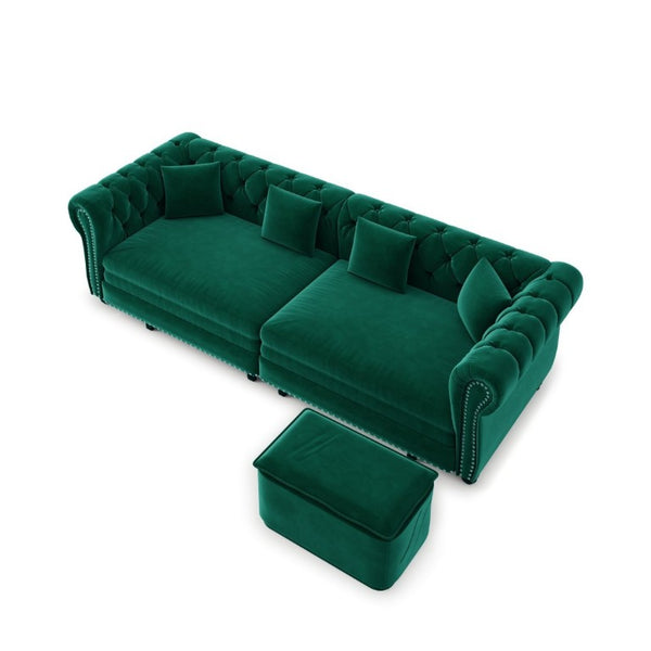 English Elm Chesterfield Velvet Sleeper Sofa with Tufted Arms and Detachable Ottoman for Living Rooms Green W1885S00544