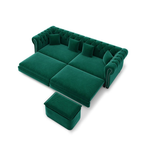 English Elm Chesterfield Velvet Sleeper Sofa with Tufted Arms and Detachable Ottoman for Living Rooms Green W1885S00544