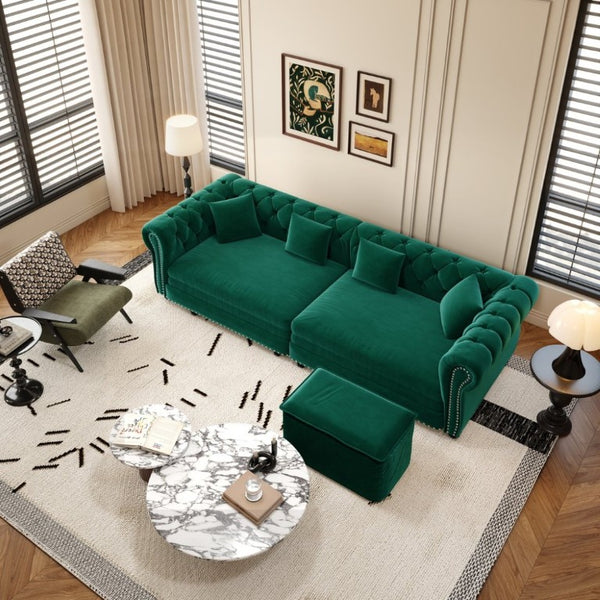 English Elm Chesterfield Velvet Sleeper Sofa with Tufted Arms and Detachable Ottoman for Living Rooms Green W1885S00544