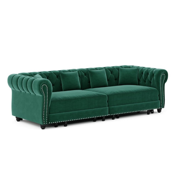 English Elm Chesterfield Velvet Sleeper Sofa with Tufted Arms and Detachable Ottoman for Living Rooms Green W1885S00544