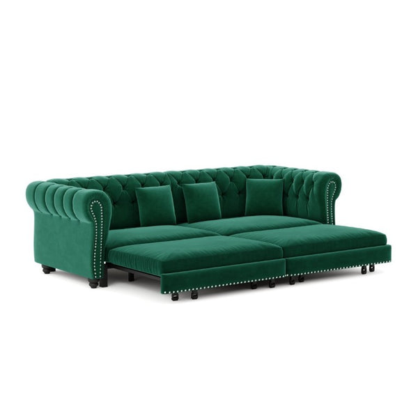 English Elm Chesterfield Velvet Sleeper Sofa with Tufted Arms and Detachable Ottoman for Living Rooms Green W1885S00544
