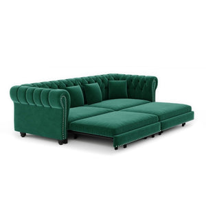 English Elm Chesterfield Velvet Sleeper Sofa with Tufted Arms and Detachable Ottoman for Living Rooms Green W1885S00544