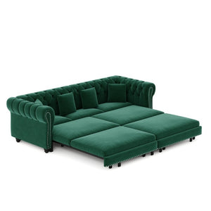 English Elm Chesterfield Velvet Sleeper Sofa with Tufted Arms and Detachable Ottoman for Living Rooms Green W1885S00544