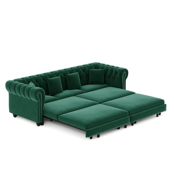 English Elm Chesterfield Velvet Sleeper Sofa with Tufted Arms and Detachable Ottoman for Living Rooms Green W1885S00544