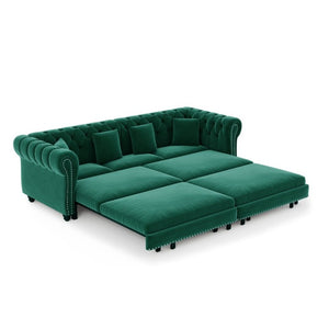 English Elm Chesterfield Velvet Sleeper Sofa with Tufted Arms and Detachable Ottoman for Living Rooms Green W1885S00544