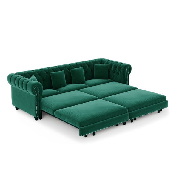 English Elm Chesterfield Velvet Sleeper Sofa with Tufted Arms and Detachable Ottoman for Living Rooms Green W1885S00544