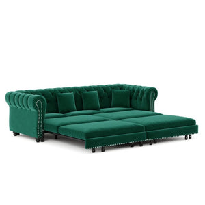 English Elm Chesterfield Velvet Sleeper Sofa with Tufted Arms and Detachable Ottoman for Living Rooms Green W1885S00544