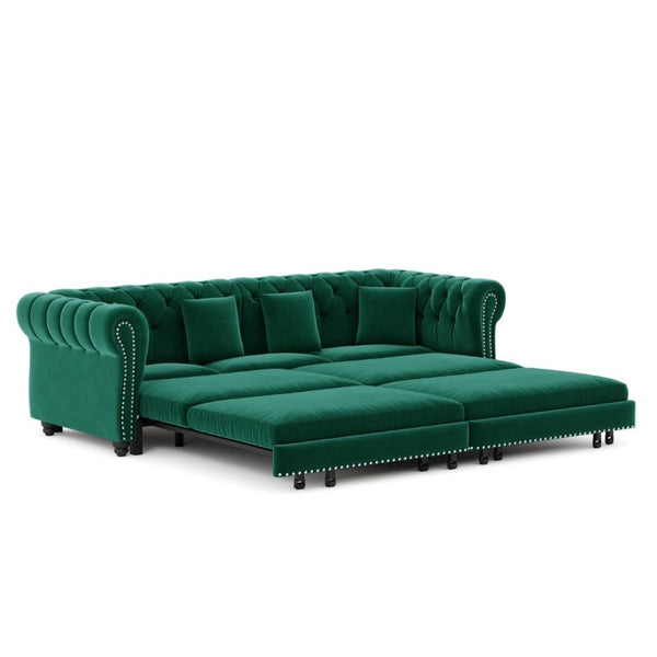 English Elm Chesterfield Velvet Sleeper Sofa with Tufted Arms and Detachable Ottoman for Living Rooms Green W1885S00544