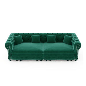 English Elm Chesterfield Velvet Sleeper Sofa with Tufted Arms and Detachable Ottoman for Living Rooms Green W1885S00544