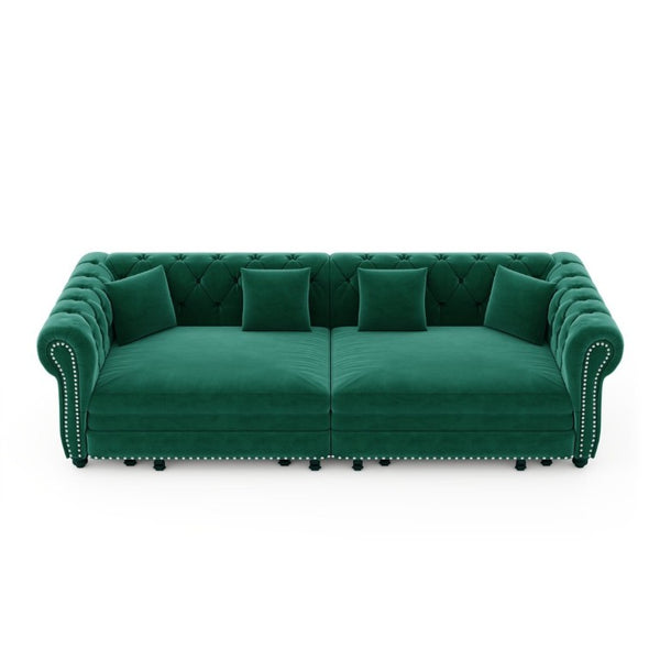 English Elm Chesterfield Velvet Sleeper Sofa with Tufted Arms and Detachable Ottoman for Living Rooms Green W1885S00544