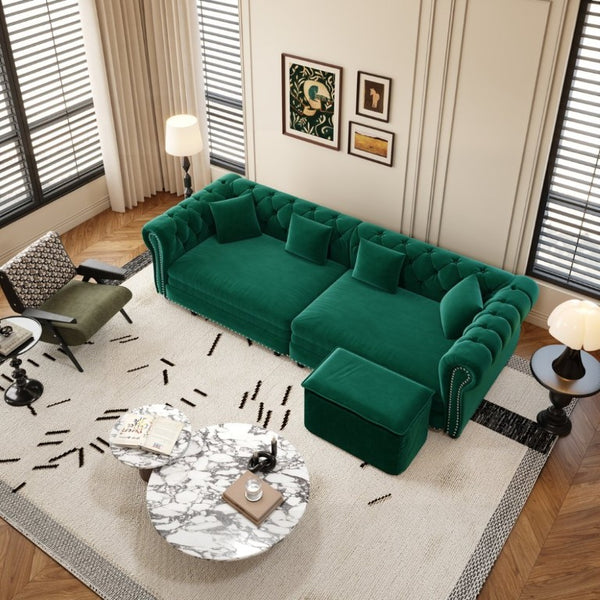 English Elm Chesterfield Velvet Sleeper Sofa with Tufted Arms and Detachable Ottoman for Living Rooms Green W1885S00544