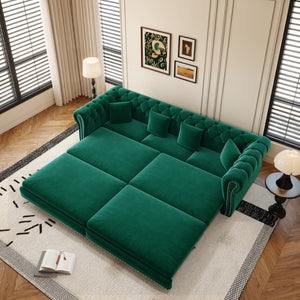 English Elm Chesterfield Velvet Sleeper Sofa with Tufted Arms and Detachable Ottoman for Living Rooms Green W1885S00544