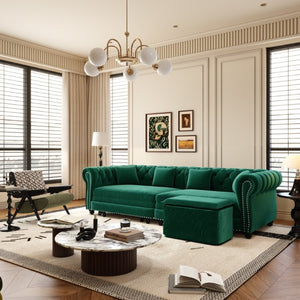 English Elm Chesterfield Velvet Sleeper Sofa with Tufted Arms and Detachable Ottoman for Living Rooms Green W1885S00544