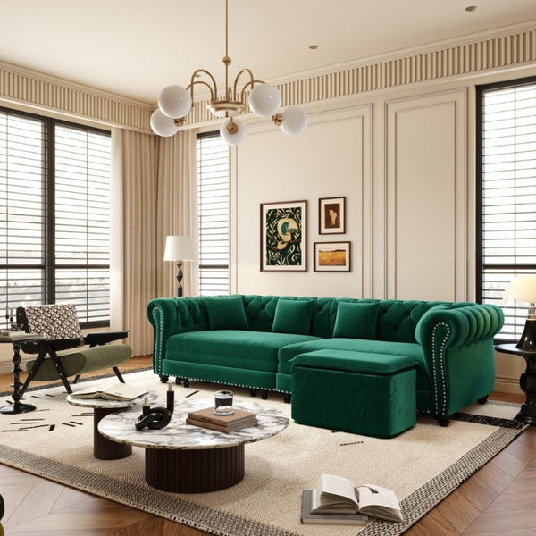 English Elm Chesterfield Velvet Sleeper Sofa with Tufted Arms and Detachable Ottoman for Living Rooms Green W1885S00544