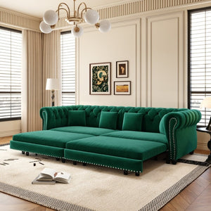 English Elm Chesterfield Velvet Sleeper Sofa with Tufted Arms and Detachable Ottoman for Living Rooms Green W1885S00544