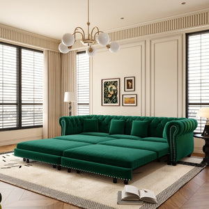 English Elm Chesterfield Velvet Sleeper Sofa with Tufted Arms and Detachable Ottoman for Living Rooms Green W1885S00544