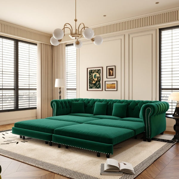 English Elm Chesterfield Velvet Sleeper Sofa with Tufted Arms and Detachable Ottoman for Living Rooms Green W1885S00544
