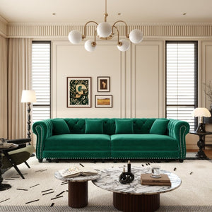 English Elm Chesterfield Velvet Sleeper Sofa with Tufted Arms and Detachable Ottoman for Living Rooms Green W1885S00544