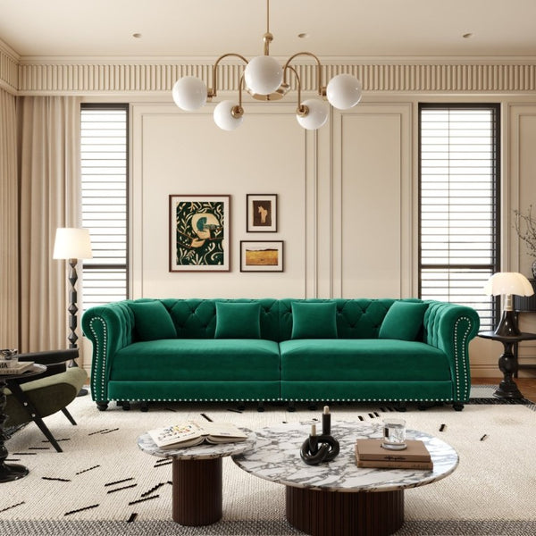 English Elm Chesterfield Velvet Sleeper Sofa with Tufted Arms and Detachable Ottoman for Living Rooms Green W1885S00544