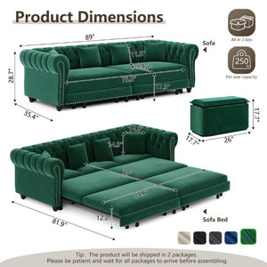 English Elm Chesterfield Velvet Sleeper Sofa with Tufted Arms and Detachable Ottoman for Living Rooms Green W1885S00544