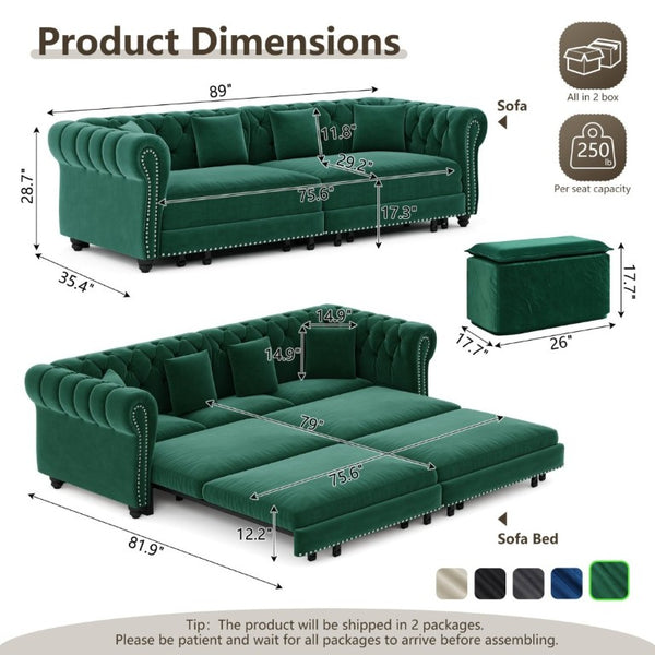 English Elm Chesterfield Velvet Sleeper Sofa with Tufted Arms and Detachable Ottoman for Living Rooms Green W1885S00544