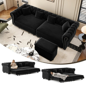 English Elm Chesterfield Velvet Sleeper Sofa Tufted 3 Seat Convertible Bed with Movable Ottoman Black W1885S00545