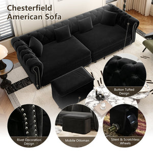 English Elm Chesterfield Velvet Sleeper Sofa Tufted 3 Seat Convertible Bed with Movable Ottoman Black W1885S00545