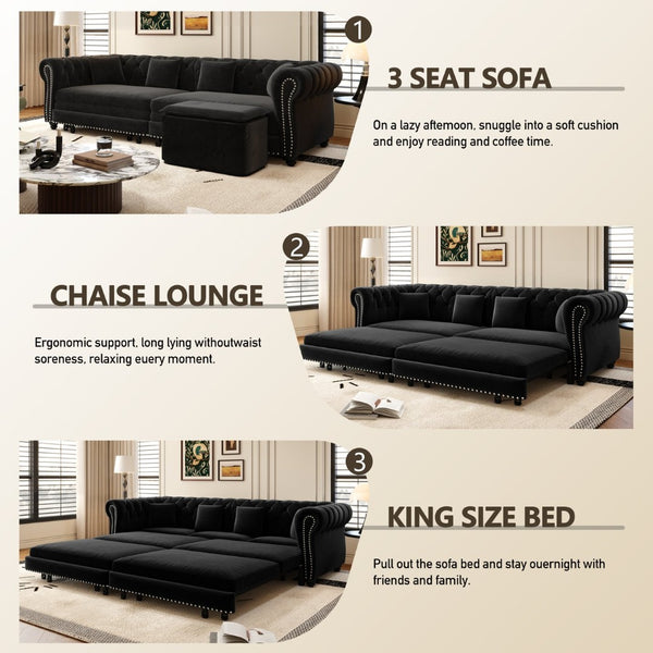 English Elm Chesterfield Velvet Sleeper Sofa Tufted 3 Seat Convertible Bed with Movable Ottoman Black W1885S00545