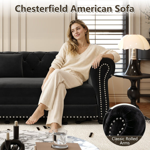 English Elm Chesterfield Velvet Sleeper Sofa Tufted 3 Seat Convertible Bed with Movable Ottoman Black W1885S00545