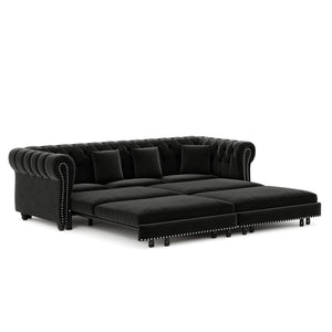 English Elm Chesterfield Velvet Sleeper Sofa Tufted 3 Seat Convertible Bed with Movable Ottoman Black W1885S00545
