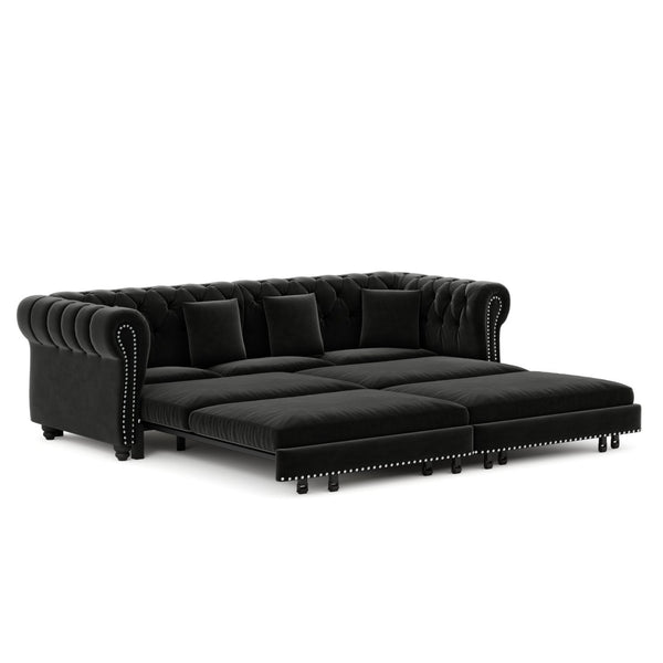English Elm Chesterfield Velvet Sleeper Sofa Tufted 3 Seat Convertible Bed with Movable Ottoman Black W1885S00545