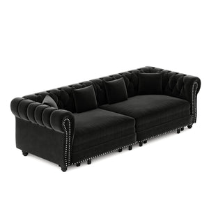 English Elm Chesterfield Velvet Sleeper Sofa Tufted 3 Seat Convertible Bed with Movable Ottoman Black W1885S00545