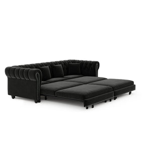 English Elm Chesterfield Velvet Sleeper Sofa Tufted 3 Seat Convertible Bed with Movable Ottoman Black W1885S00545