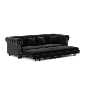 English Elm Chesterfield Velvet Sleeper Sofa Tufted 3 Seat Convertible Bed with Movable Ottoman Black W1885S00545