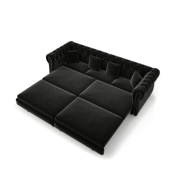 English Elm Chesterfield Velvet Sleeper Sofa Tufted 3 Seat Convertible Bed with Movable Ottoman Black W1885S00545