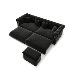 English Elm Chesterfield Velvet Sleeper Sofa Tufted 3 Seat Convertible Bed with Movable Ottoman Black W1885S00545