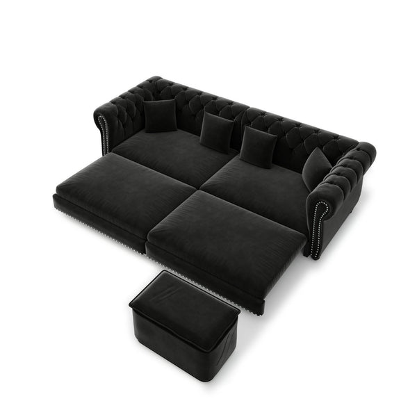 English Elm Chesterfield Velvet Sleeper Sofa Tufted 3 Seat Convertible Bed with Movable Ottoman Black W1885S00545