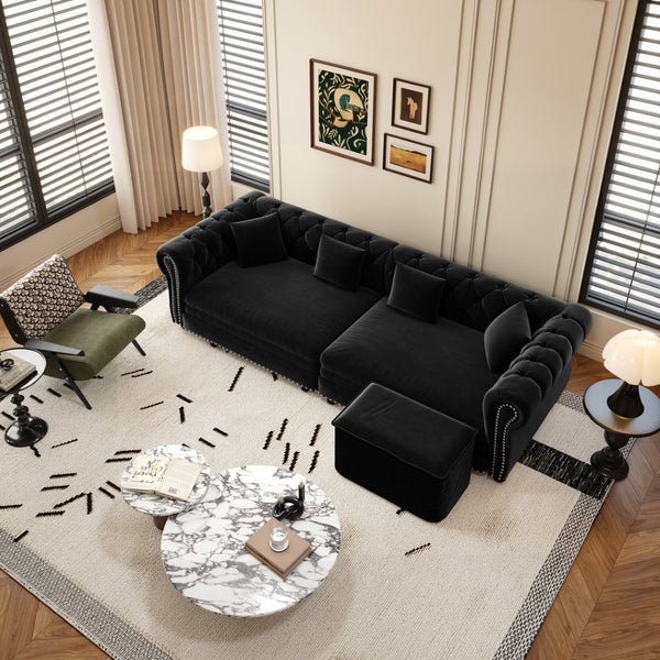 English Elm Chesterfield Velvet Sleeper Sofa Tufted 3 Seat Convertible Bed with Movable Ottoman Black W1885S00545