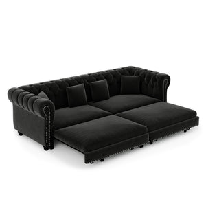 English Elm Chesterfield Velvet Sleeper Sofa Tufted 3 Seat Convertible Bed with Movable Ottoman Black W1885S00545