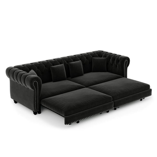 English Elm Chesterfield Velvet Sleeper Sofa Tufted 3 Seat Convertible Bed with Movable Ottoman Black W1885S00545