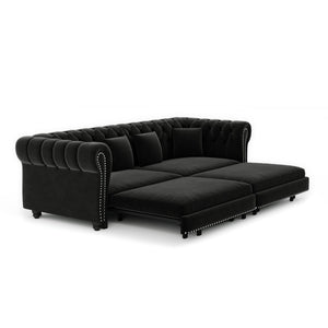 English Elm Chesterfield Velvet Sleeper Sofa Tufted 3 Seat Convertible Bed with Movable Ottoman Black W1885S00545